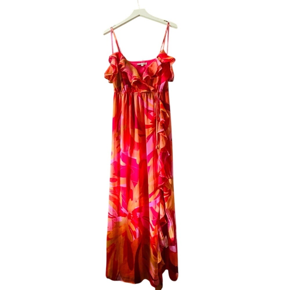 Sandra Darren Pink Orange Floral Ruffle Maxi Dress Cold Shoulder Size 6
